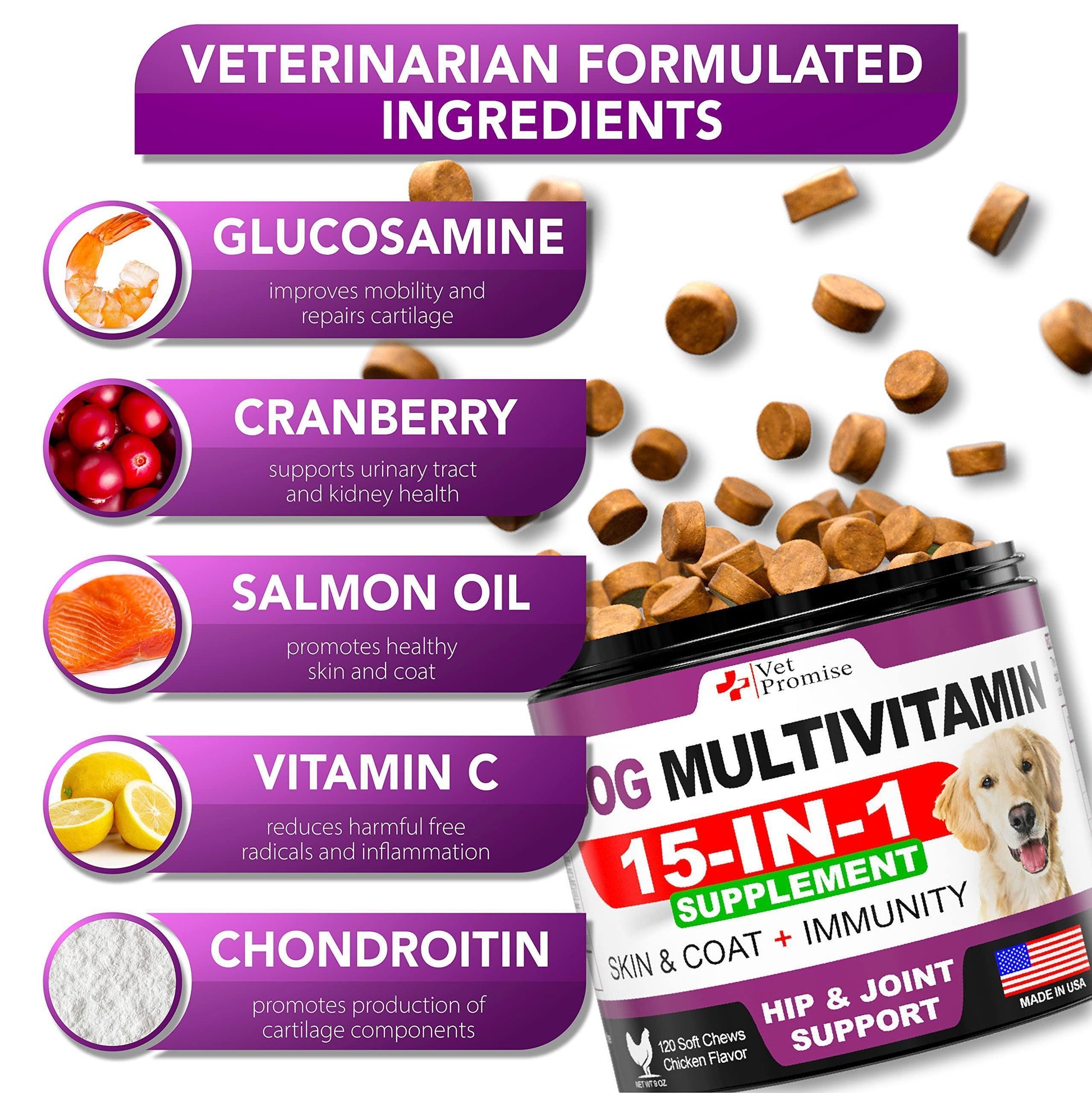 Dog Multivitamin Chewable with Glucosamine Dog Vitamins and Supplements Senior & Puppy Multivitamin for Dogs Pet Joint Support Health Immunity Mobility Energy Gut Skin 120 Chews